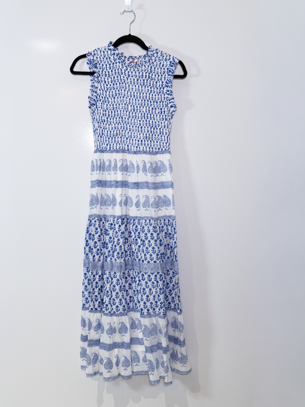 Oliphant Exclusive Flora Blue Print Sleeveless Smocked Cotton Maxi Dress Small